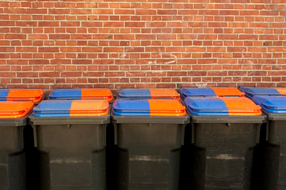 A woman wearing a high-visibility orange and black jacket is seen collecting rubbish into black refuse bags beside two large black trash bins on a city sidewalk during daytime. The refuse bags appear 